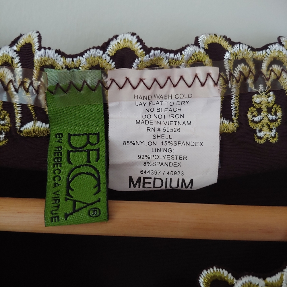 BECCA Swimsuit Embroidered Tie Bikini Set Brown Vintage Size Small - Picture 10 of 11